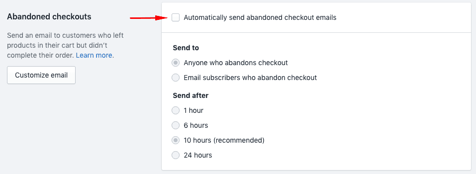 Turn off shopping cart abandonment emails in Shopify
